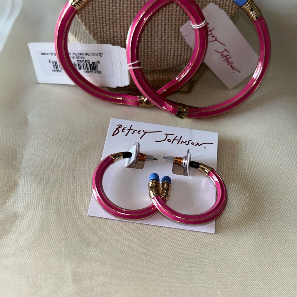 Betsey Johnson Vibrant Pink Hoop Earrings with Two Pencil Bracelets